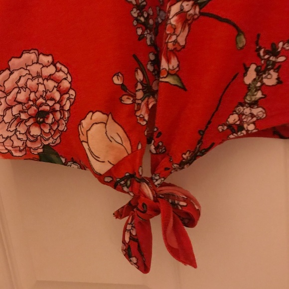 Red Orange Blouse Floral Tie Knot Short Sleeve - Picture 2 of 9